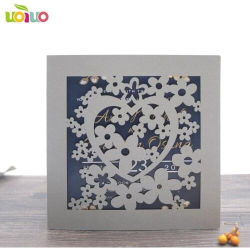 50 White/Navy blue Vintage heart Flower laser wedding invitation card pocket cover no Bow ,no envelope,no insert