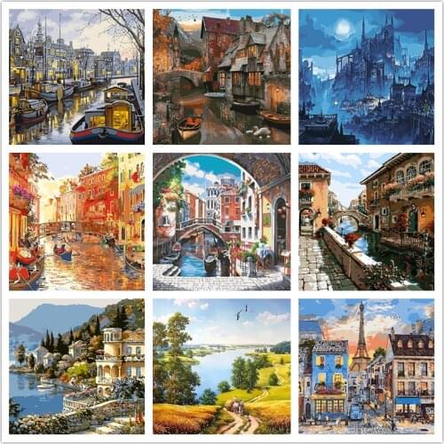Oil Painting By Numbers City Landscape Kits Drawing Canvas Hand Painted Home Decor DIY Pictures By Numbers Street Scenery