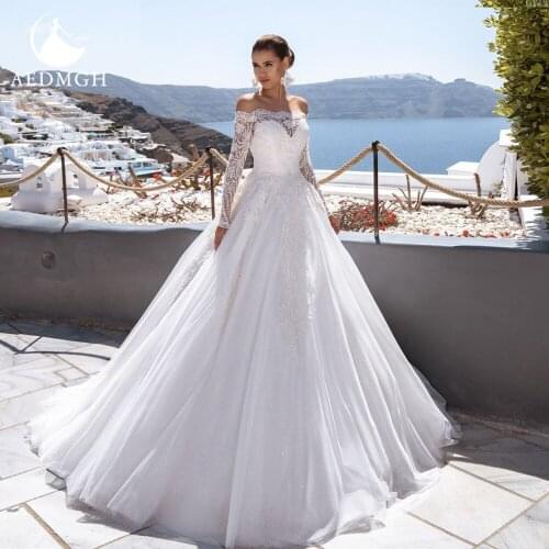 Aedmgh Ball Gown Vintage Wedding Dresses 2021 Boat Neck Long Sleeve Bride Dress Lace Appliques Princess Elegant Bridal Gown