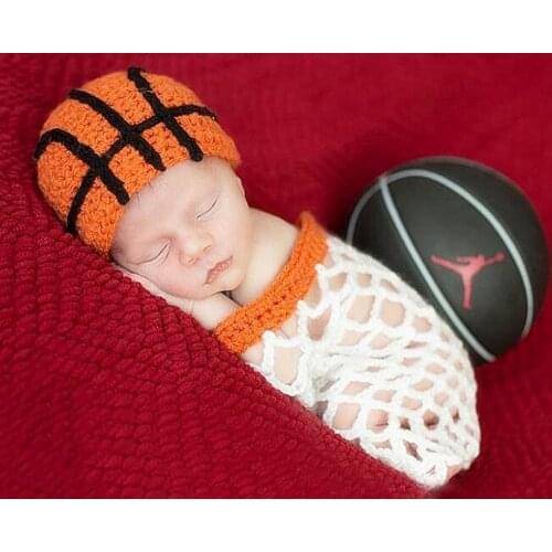 Lovely Newborn Orange Crochet Basketball Hat with Elastic Net Set Baby Sleeping Bag Infant Photography Props Clothing Decoration