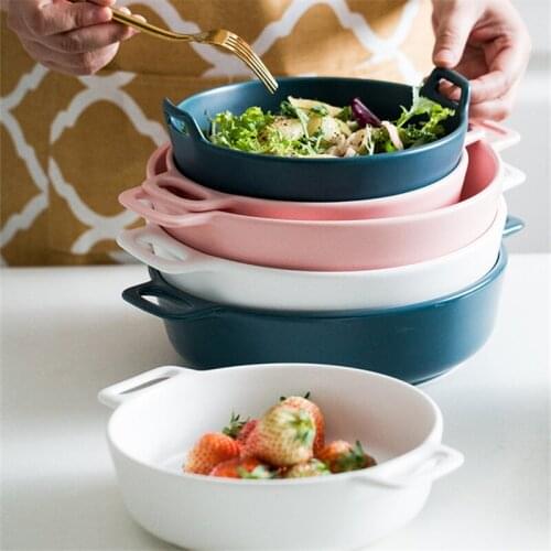 Binaural Baking Dish Round Ceramic Dinner Plates Baking Cake Pans Cheese Baking Dish Tray Dishes Microwave Oven Plate Tableware