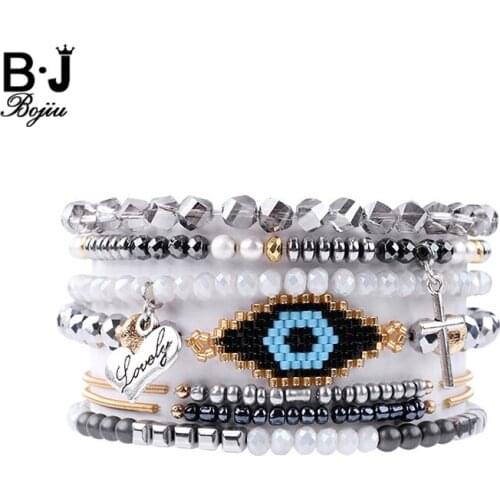 BOJIU Fashion Beaded Charm Bracelets For Women New Heart Eye Cross Bracelet Femme Black Grey White Crystal Bracelet Set BCSET104