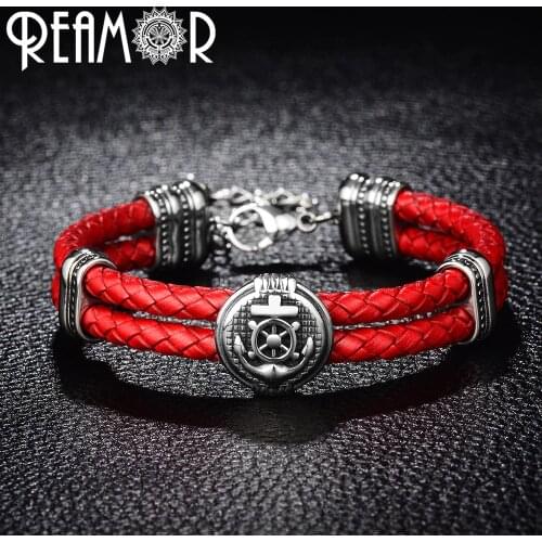 REAMOR Double Braided Leather Rudder & Anchor Charms Bracelet 316L Stainless Steel Bead Trendy Bracelet & Bangles Men Jewelry