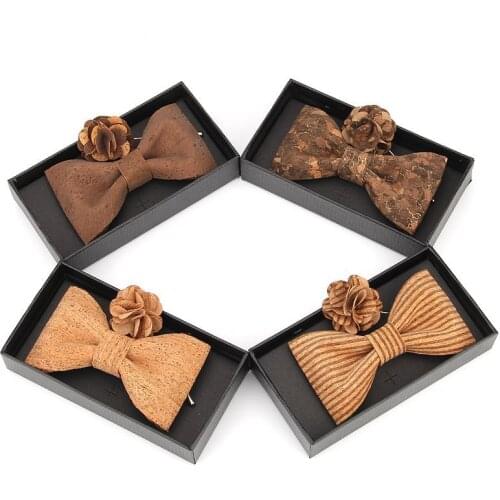 Wooden Bow Tie Suit High-end Mens Gifts Cork Trendy Business Banquet Bowtie Wood Brooches Two-piece (box for Display Only)