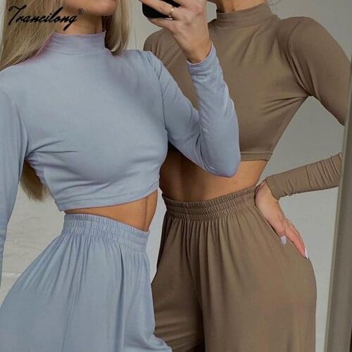 Lounge Home Wear Sets Sports Soild Two Piece Outfits Women Summer 2021 Fashion Crop Top Wide Leg Pants Full Sleeve Slim Suits