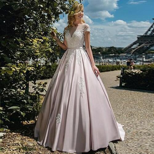 Elegant Tulle Jewel Neckline A-line Wedding Dresses Short Sleeves Pink Matte Satin Bridal Dress vestido de noiva renda