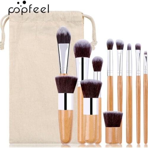 Hot 11pcs Natural Bamboo Handle Makeup Brushes Set High Quality Foundation Blending Cosmetic Make Up Tool Set With Cotton Bag