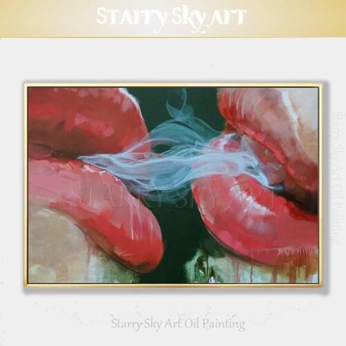 Artist Hand-painted High Quality Modern Art Smoking Oil Painting on Canvas Pop Fine Art Lips Smoking Oil Painting for Wall Decor