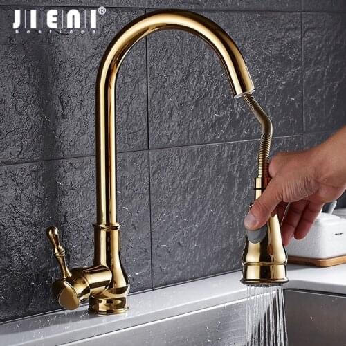 JIENI Gold Plate Chrome Brass Swivel Pulll Out 2 Functions Spray Kitchen Deck Mount Washbasin Faucet Mixer Vessel Sink Tap