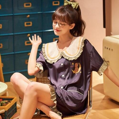Kawaii Bear Print Silk Satin Pajamas Set Women Summer Korean Short Sleeve Shorts Sleepwear Sexy Purple Lingerie Female Homewear