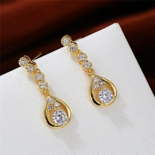 Classic Female White Crystal Drop Earrings Rose Gold Silver Color Dangle Earrings Cute Hollow Round Wedding Earrings For Women
