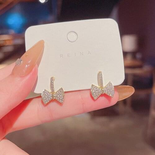 Korean New Shiny Zircon Bowknot Stud Earrings for Women Trendy Elegant Luxurious Jewelry Female Fashion Delicate Ear Studs Gifts