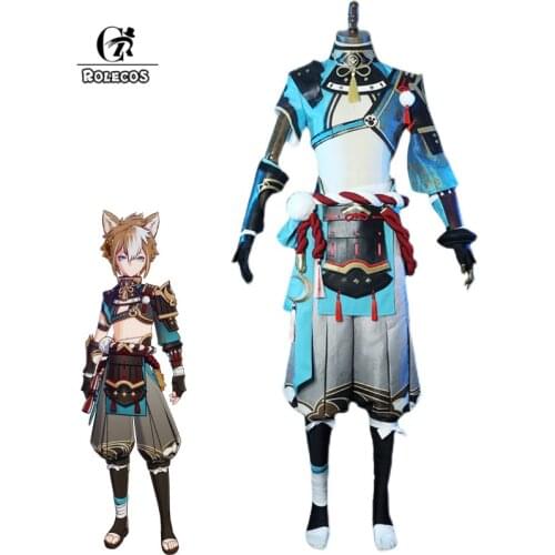 ROLECOS Genshin Impact Gorou Cosplay Costume Gorou Cosplay Costume Men Blue Fox Boy Costume Halloween Pants Tail Ears Full Set