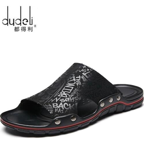 New Summer Mens Slippers Hot Mens Flip Flops Sandals Slides Printed British Beach Men Sandals Genuine Cow Leather Casual Shoes