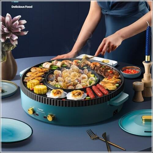 220V Multi-Function Hot Pot Barbecue One-Piece Pot Home Korean-Style Baking Tray Roasting and Frying Barbecue Machine Hotpot