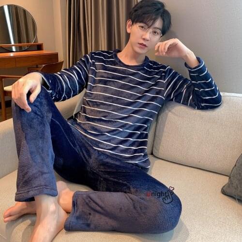 Men Winter Pajamas Plus Size Flannal Pajamas Nightwear Home Clothes for Men Stripe Plaid Pants Pijama Hombre M-3XL