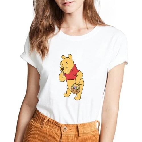 Disney Easter Pooh Bear Tshirt New Summer Clothes Loose Printed Round Neck Pullover Short Sleeve T-Shirt for Women