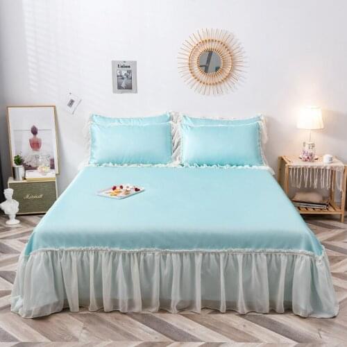 2020 new products Ice silk mat Bed spread Fitted Sheet Pillowcases 2/3 pcs Solid pleated Ruffle lace princess Bedding