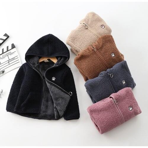 2021 new spring and autumn fleece girls' coat hooded high collar Teddy cute cardigan long sleeve top childrens warm coat 1-8 ye