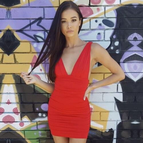 Women Slim Party Dress Wine Red Sleeveless Deep V-neck Backless Bodycon Pleated Dress Sexy Birthday Dresses for Dinner 7 Colors