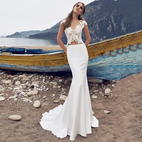 Sexy Mermaid Wedding Dress 2021 Charming Lace Appliques Beading Cap Sleeve Jersey Sheer V-neck Bridal Gowsn Custom Made