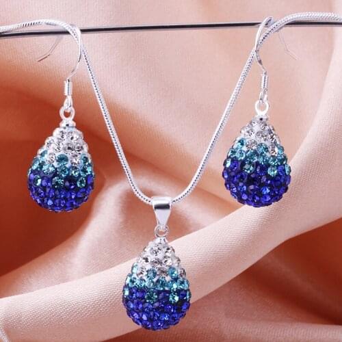 Silver Color Snake Chain Water Drop Earrings Blue Gradual Change Crystal Pendant Necklace Jewelry Sets for Women Wholesale