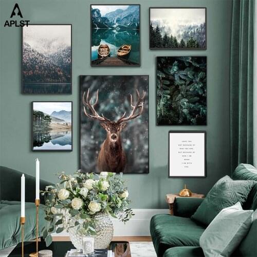 Nordic Snow Forest Deer Christmas Leaves Wall Art Canvas Poster Landscape Lake Boat Print Painting Animal Art Decoration Picture