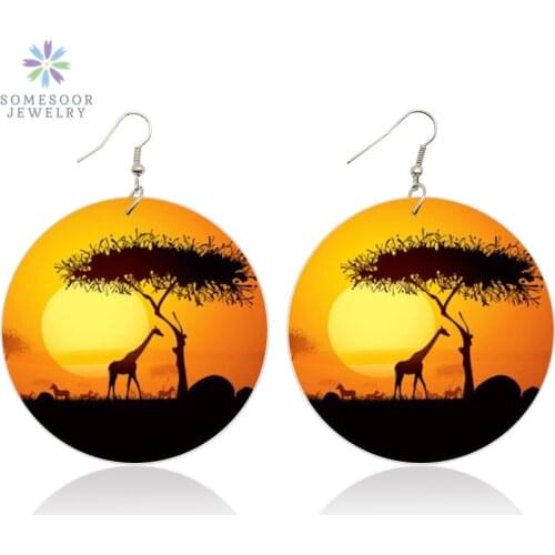 SOMESOOR 6cm Flat Round African Tribal Wood Drop Earrings AFRO Giraffe Animal Eco Art Printed Dangle Jewelry For Women Gift