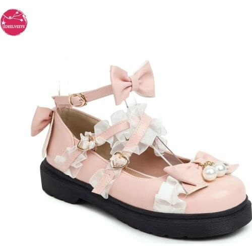 Women Fashion Flat Heel Bow Buckle Strap Platform Round Toe Cosplay Lolita Mary Janes Shoes with Lace Edge and Pearls Dropship