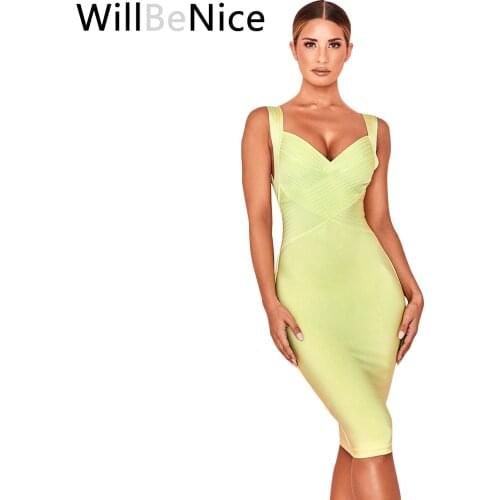 WillBeNice 2019 Summer Yellow V Neck Sexy Celebrity Party Knee Length Bandage Dress Women V Neck Bodycon Bodysuit Vestidos