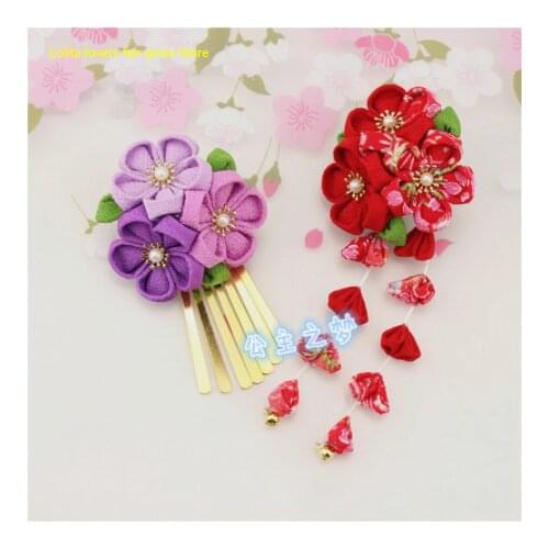 Japanese Style Sakura Crape Kanzashi Hair Ornament Wisteria Tassels Flower Red Pink Kimono Yukata Hairpin Accessory Handmade