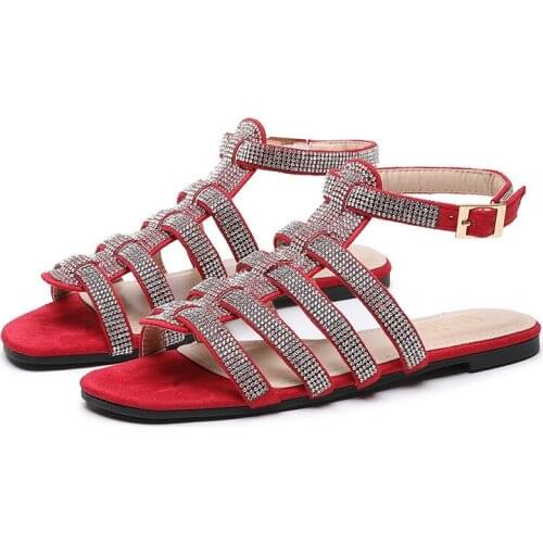 Womens Shoes Bohemia Sandals Women Flat Heel Flat Women Shoes Open Toe Rhinestone Sandals Large Size 41 42