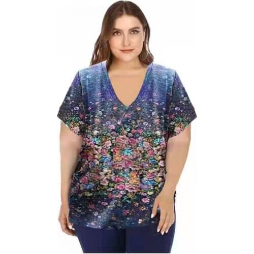Women Flower Print T-Shirts Casual 3D Painting Graphic Tops Fashion Short Sleeve Y2K V Neck Female Tees Tshirt Plus Size 4XL 5XL