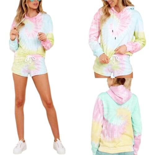 2021 Sweater suit Tie-Dye Hooded Long Sleeves Sweatshirt + Elastic Waist Shorts for Girls, 2Pcs Women Summer Tracksuit, S/M/L/XL