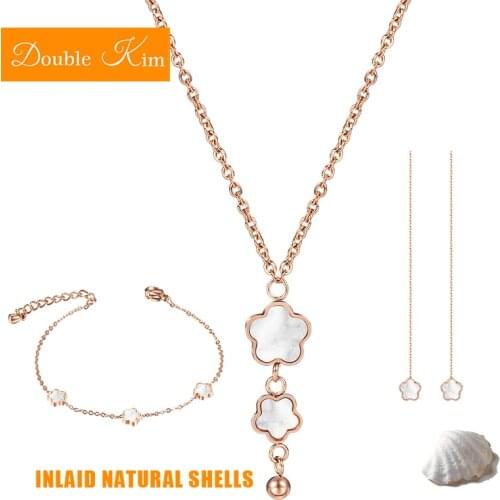 Small Flowers Necklace Earrings Bracelet Jewelry Sets Titanium Stainless Steel Inlaid Natural Shells Women Fashion Jewelry Gift
