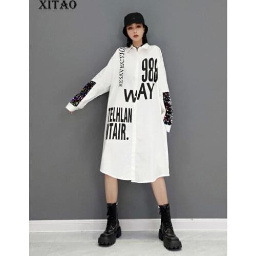 XITAO Asymmetrical Letter Print Shirt Dress Women Casual Fashion New Turn-Down Collar Sequins Patchwork Long Sleeve DZL2619