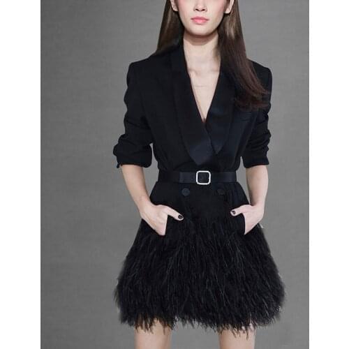 2020 Spring Luxury Runway Women Double Breasted Sashes Feather Tassel Black Long Coat Ladies Vintage Long Sleeve Outerwear