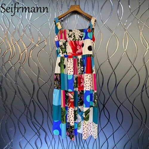 Seifrmann New 2021 Summer Women Fashion Runway Cotton Dress Sexy Spaghetti Strap High Waist Floral Printed Elegant Long Dresses