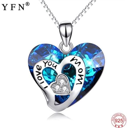 YFN Necklace Women 925 Sterling Silver Blue Crystal Love Heart Pendants Necklaces Silver Chain Jewelry Women Necklace Moms Gift