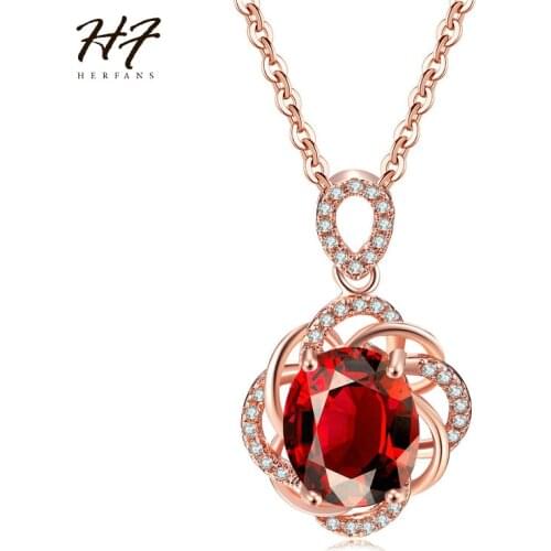 New Rose Gold Color Flower Sharped Oval Red CZ Cubic Zirconia Pendant Cocktail Necklace Fashion Jewelry for Women HotSale N615