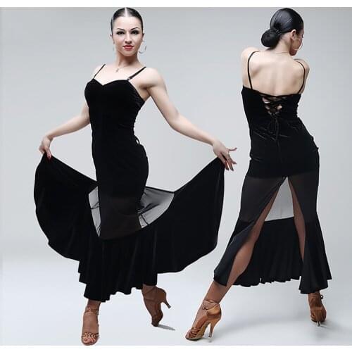 Sexy Latin Dance Dress For Ladies Black Braces Velvet Sleeveless Skirt Elastic Female Women Square Performer Chacha Dresses B37