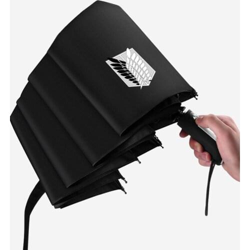 Anime Attack On Titan Automatic Umbrella Tri-Folding Cartoon Windproof Foldable Sun Rain Pocket Black Umbrella