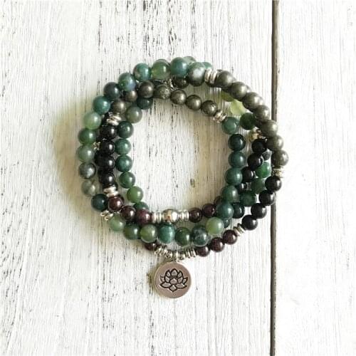 108 A Grade Moss Agates Yoga Mala Laps Bracelet-Necklace Garnet Tourmaline Bracelet Meditation Bracelet Wrist