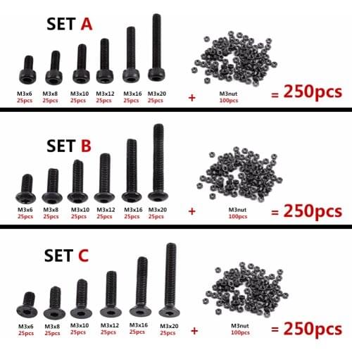 250pcs/set M3 Black Alloy Steel Hex Socket Screws set Bolt Tools With Hex Nuts Assortment Kit Fastener Hardware Wholesale
