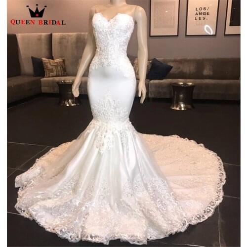 Satin Wedding Dresses Mermaid Sweetheart Lace Crystal Beaded Sexy Long Formal Women Bride Dresses Custom Size DK36