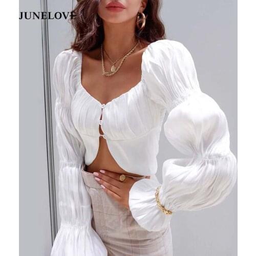 JuneLove Women Long Puff Sleeve Blouse Shirts Vintage Sexy Backless Female Short Tops Casual Street Lady Holiday Button Blouse
