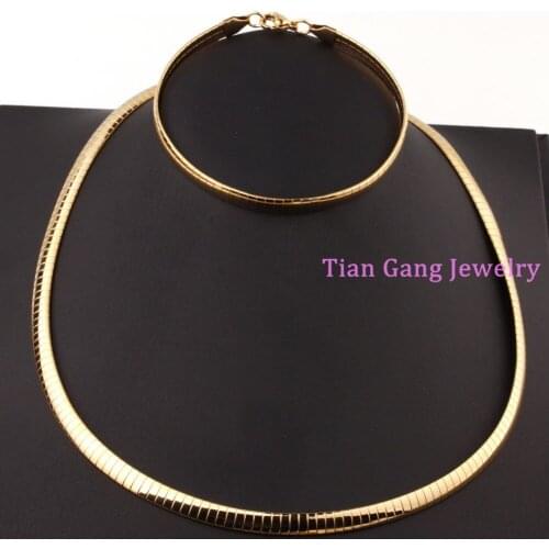 Fashion Stainless Steel Womens Choker Chain Necklace Bracelet Set Yellow Gold