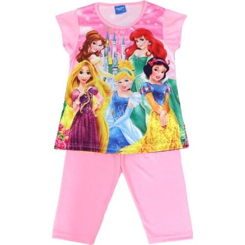 Disney Girl Sets 2021 Summer New Kids Outfits Childrens Clothing Short Sleeve+Trousers Pajamas Suit Rapunzel Snow White 3-8 Y