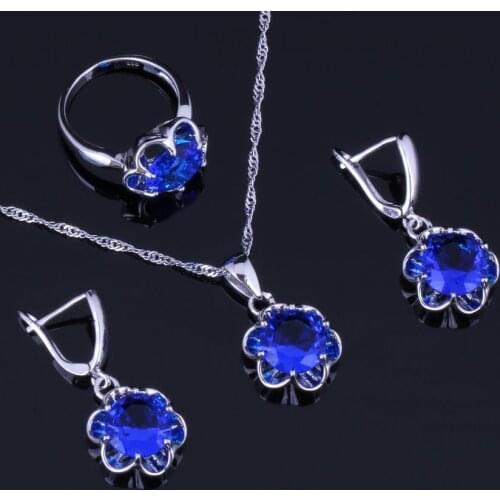 Brilliant Round Blue Cubic Zirconia Silver Plated Jewelry Sets Earrings Pendant Chain Ring V0981