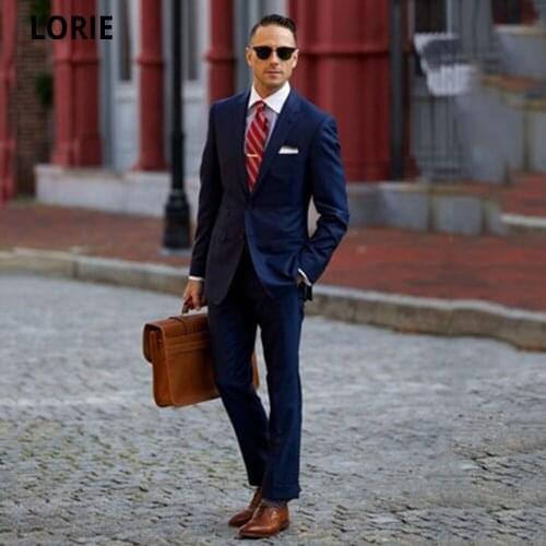 LORIE Navy Blue Men Suits Formal Occasion Business Men Suit Work Prom Party Suits 2 Pieces Jacket +Pants Plus Suze Custom Made